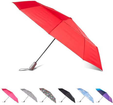 totes Recycelter großer InBrella Reverse Close Faltschirm mit automatischer Öffnung/Schließ-Technologie, Rot/Ausflug, einfarbig (Getaway Solids), 43 Canopy, Transparenter Regenschirm