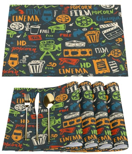 Kino-Muster Tischsets Stoff Tischmatten 4er Set Kino Design Tischset für Küche Esstisch Zuhause Waschbar rutschfest Wärme Platzmatte