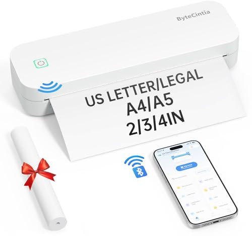 ByteCintia Stampante Portatile, D80 Stampante Termica A4 Compatibile con Phone via Bluetooth, Windows e macOS via Cavo USB, Stampante Inkless per Viaggi, Lavoro, Casa, Stampa Solo su Carta Termica