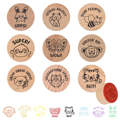 LALAGO Holz Lehrer Stempel Set - 9 Stück Motivstempel für Belohnung und Lob - Geschenk für Lehrertag Motivation - Deutsch Rund