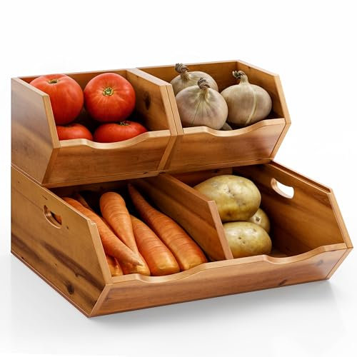 HOLANA Onion and Potato Storage Bins - Acacia Wood Pantry Baskets Organization and Storage - Wooden Stackable Baskets for Bread, Fruit, Vegetable - Onion Basket for Kitchen Counter (Patent Pending)