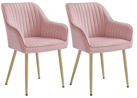 SONGMICS Esszimmerstuhl, 2er Set, Küchenstuhl, Sessel, Samt, Polsterstuhl mit Armlehnen, Loungesessel, bis 120 kg belastbar, Metallbeine, für Esszimmer, Küche, pastellrosa-blassgold LDC087R12