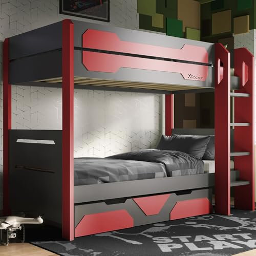 X-Rocker Battalion Bunk Bed, Wooden Frame Gaming Bed for Kids, Teens and Juniors with Underbed Storage Trundle Drawer 90x190cm Gaming Bunk Bed, Compact Bed Design for Boys & Girls - Red