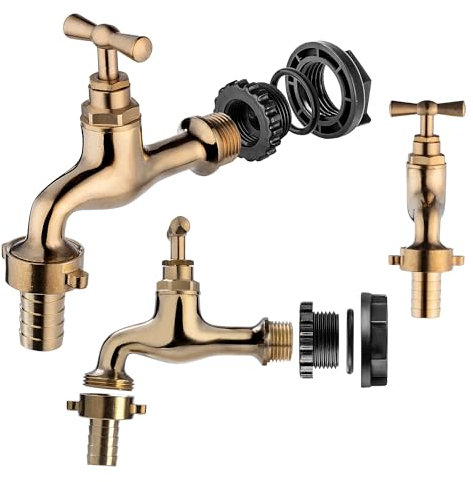 KADAX Wasserhahn für Regenwassertank, Außenhahn aus Metall mit 3/4 Zoll Gewinde für Garten, wetterfester Gartenhahn mit Griff für Regentonnen (Gold)