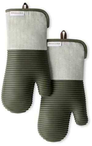 KITCHENAID® Evergreen Design Series Herringbone Ribbed Soft Silicone Oven Mitts 2-Pack Set, Heat Resistant up to 500°F, Flexible & Waterproof, Deep Forest Green, 7x14