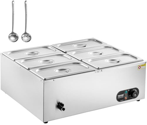 VEVOR Chauffe-Plat Buffet à 6 Bacs de 4,7 L, Bain-Marie Électrique 1500 W, Buffet Chauffant en Acier Inoxydable, Température Réglable 30-85 °C, pour Réchauffer Les Aliments Restauration Soirée Fête