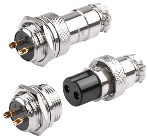QIANRENON Gold Plated GX16 Aviation Plug Connector GX16 2Pin Male Bulkhead Mount Airline Plug GX16 2Pin Female Round Adapter 16mm Socket 400V/7A, for Electrical Electronic Equipment, 2Pcs