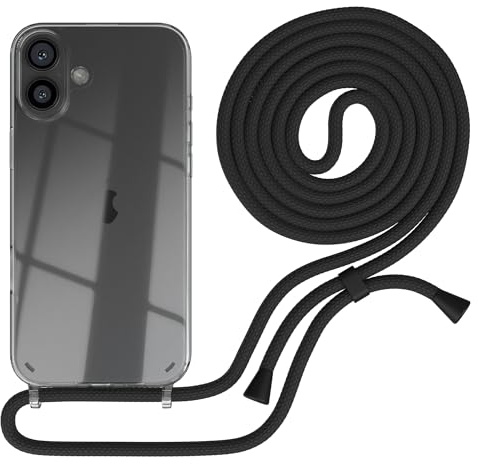 EAZY CASE Handykette kompatibel mit iPhone 16 Plus Handyhülle mit Umhängeband, Handykordel mit Schutzhülle, Silikonhülle, Hülle mit Band, Stylische Kette für Smartphones, Schwarz - Clips Schwarz