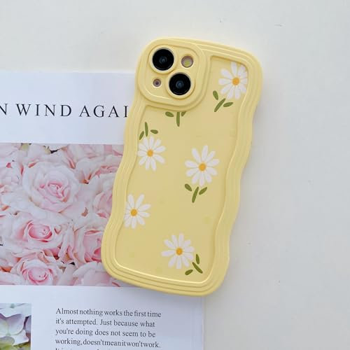 UEEBAI Flower Case for iPhone 15, Spring Silicone Cute Case for Women, Wave Frame Artistical Daisy Pattern Phone Cover for Girls Protective Shockproof Cover - Yellow