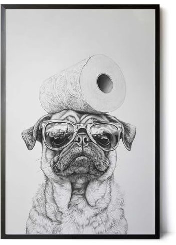 Paul Sinus Poster/Leinwandbild/Rahmenoption – Cooler Mops mit Klopapier – Lustige WC-Deko für dein Badezimmer