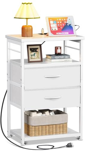 Coleshome White Bedside Table for Bedroom, with 2 USB Ports and 2 Sockets, Bedside Cabinet with 2 Fabric Drawers and 2 Display Tops, Suitable for Small Space Bedrooms, 40 * 30 * 70cm