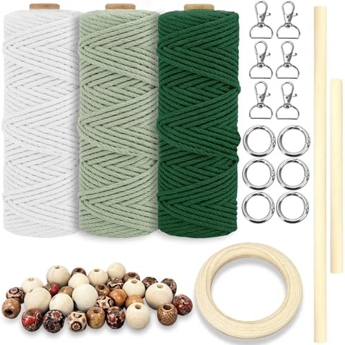 Makramee Garn, 3mmx60m Makramee Set für Anfänger mit Anleitung, Makramee Baumwollgarn, Makramee Schnur, für DIY Boho Deko Handwerk, Baumwollkordel Natur, mit Makramee Schlüsselanhänger und Holzperlen