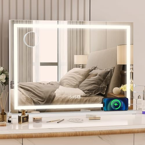 YOURLITE Miroir Maquillage Hollywood 80x60cm, Miroir LED Coiffeuse à intensité Variable, 3 températures de Couleur, Touche, Port de Chargement USB et Type-C, Loupe 10x, Affichage Heure et Température