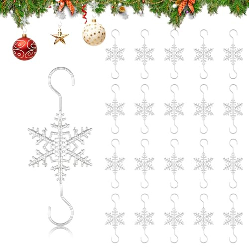 Dwafill 20 Stück Weihnachtskugel Haken mit Stern, Christbaumkugeln Aufhänger Weihnachtskugel, Metallhaken Dekohaken, Perfekt für Weihnachtskugeln (Silver snowflakes)