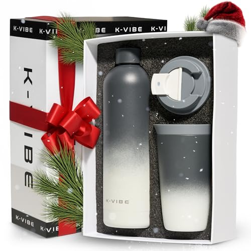 Thermobecher 350ml & Edelstahlflasche Geschenkset | Thermo-Kaffee-Becher mit Quick-Press Deckel | rutschfester Boden, BPA-freier Isolierbecher Coffee-Cup to Go | Für Büro, Uni & Alltag | K-VIBE