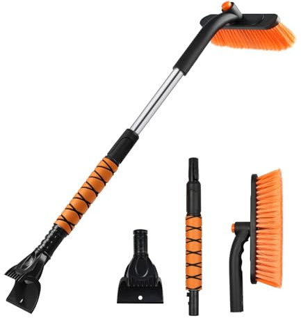 WeenthAvenue Verbesserter 2-in-1-Eiskratzer und Schneebesen für Auto, ausziehbar auf 83 cm, mit bequemem Schaumstoffgriff und schwenkbarem Kopf für LKW, SUV, Auto-Windschutzscheiben (Orange)