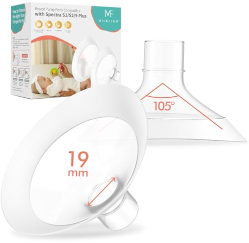 2pcs 19mm Breast Flanges for Medela Breast Pump, 105° Wide Angle Soft Flex Rim, Compatible with Pump in Style, Symphony, Freestyle, Sonata, Maxflow, Lansinoh Signature Pro
