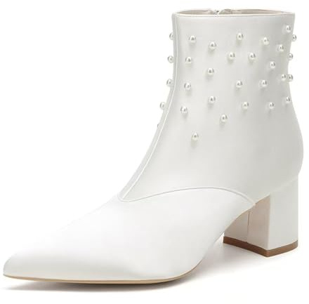HFWXYSA Damen Satin Hochzeitsstiefel Für Die Braut Blockabsatz Braut Stiefel Spitzenzehen Partyschuhe Prom Schuhe,Elfenbein,42 EU