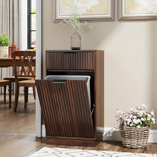 10 Gallon Single Hidden Kitchen Wooden Tilt Out Trash Cabinet (Walnut) | Farmhouse Trashcan Cabinet with Storage Drawers , Freestanding Trash Can Cabinets with Lid for Dining Room Living Room