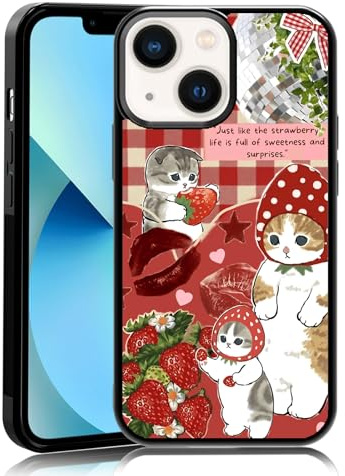 MMYAJT Cute Strawberry Cat Phone Case Fit for iPhone 13 Mini — TPU Whimsical and Sweet Funny Kawaii Cat Phone Cover Gift for Boy Girl Men Women