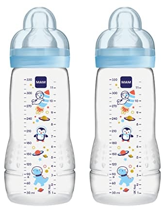 MAM Easy Active Bottles | 2 Pack (2 x 330ml) | Fast Flow MAM Teats Size 3 | Baby Accessories | Blue (Various Designs)
