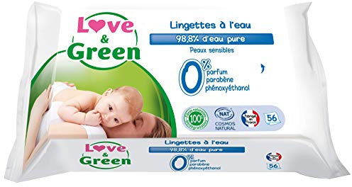 Love & Green Lingettes à l'eau Saines et Ecologiques - Paquet de 56 Lingettes - Certifiées Cosmos Natural par ECOCERT et FSC - Emballage recyclable