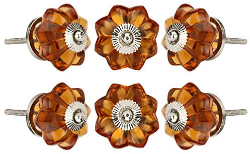 Perilla Home Set of 6 Crystal Knobs Decorative Glass Knobs for Home Kitchen Cabinet Hardware Cupboard Door Dresser Wardrobe and Drawer Pulls (Amber)