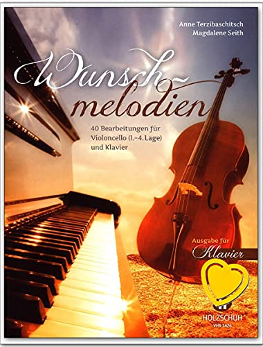 Wunschmelodien - 40 Bearbeitungen von Anne Terzibaschitsch für Violoncello (1. - 4. Lage) und Klavier - Notenbuch mit bunter herzförmiger Notenklammer