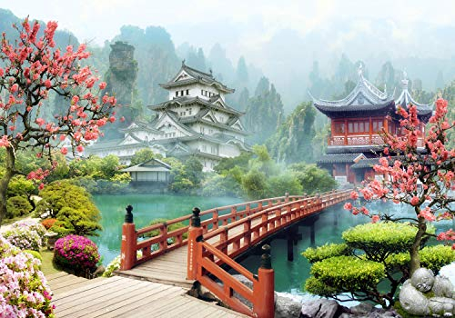 wandmotiv24 Fototapete Asien Dorf Japan, XL 350 x 245 cm - 7 Teile, Wanddeko, Wandbild, Wandtapete, Bonsai-Baum, Kirschblüte, Fresko M1072