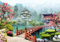 wandmotiv24 Fototapete Asien Dorf Japan, XL 350 x 245 cm - 7 Teile, Wanddeko, Wandbild, Wandtapete, Bonsai-Baum, Kirschblüte, Fresko M1072
