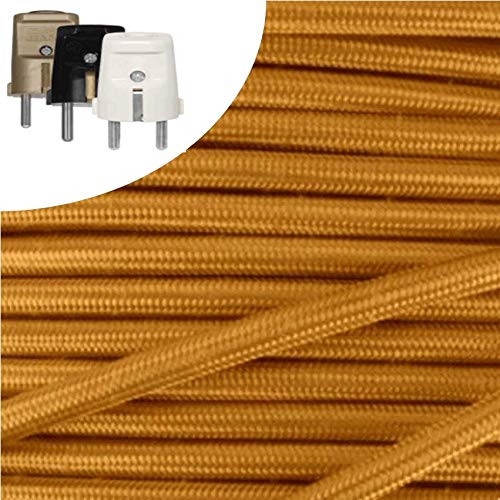 Textilkabel, Stoffkabel, Verlängerung 10 METER Farbe Gold 3 adrig 3 x 0,75 mm² rund wahlweise mit Schukostecker (10 mtr. Schukostecker Standard gold)