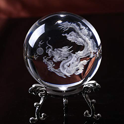 HDCRYSTALGIFTS Kristall 60 mm chinesischer Drache Kristallkugel mit versilbertem Blütenständer, Fengshui Glas Loong Ball Heimdekoration