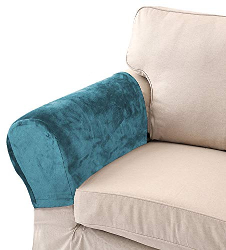 Golden Apple Velvet Soft Arm Slipcovers - Pack of 2 Elastic Armrest Protectors - Removable Sofa Arm Covers (Lake Blue)