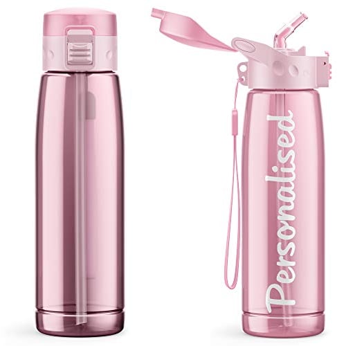 Purple Print House Personalised Water Bottle With Straw - 660ml - School Water Bottles - Gym Bottle - Bpa Free - Cycling Sports - Add Your Custom Name To Bottled Water (Pink)