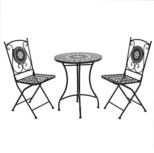 CHARLES BENTLEY Garden Black Mosaic 3 Piece Dining Set, With Folding Chairs, Outdoor, Patio, Conservatory, Foldable Chairs, Antirust Finish, Interwoven Seat, 2 Person, Round Table, Robust (65x65x72cm)