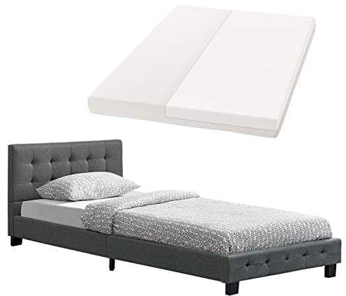 Juskys Polsterbett Manresa 90x200 cm mit Lattenrost, Matratze, Kopfteil mit Zier-Steppung & Stoff Bezug - Bett Bettgestell für Erwachsene & Jugendliche - Grau