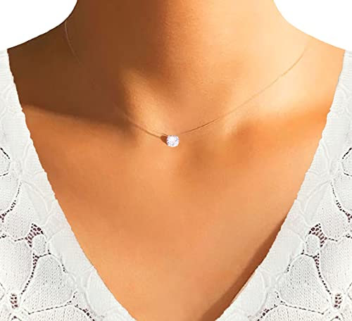 Collier Solitaire invisible - ARGENT 925 - PETIT ou GRAND Pendentif Pure Brillance - Ras-de-cou en Fil de Nylon transparent - Cordon de la clavicule