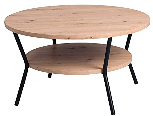 Möbel Jack Couchtisch mit Zwischenablage - Ø 80 cm - Artisan Eiche - Schwarz - Metallgestell - Sofatisch Wohnzimmertisch