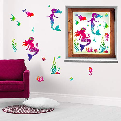 alles-meine.de GmbH Set: Wandtattoo + Fensterbilder - Motivwahl - Erwachsene & Kinder - 34 TLG - Meerjungfrau/Nixe & Unterwasser Fische - selbstklebend + wiederverwendbar - Wan..