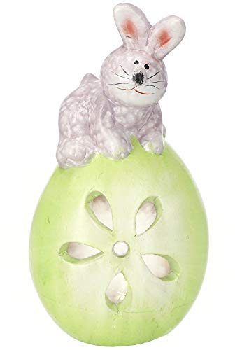 KADAX Osterdeko, Keramische Osterfiguren, Osterarrangement, Miniatur Figuren, Bunte Dekorationen, Osterhase, Dekohase, Hasen, Ostergeschenk (Grün, Hase mit Ei)