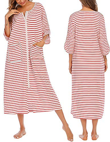 Veseacky Soft Maternity Nursing Robe Women Stripe Pregnancy Hospital Delivery Pockets Bathrobe (Red,Large)