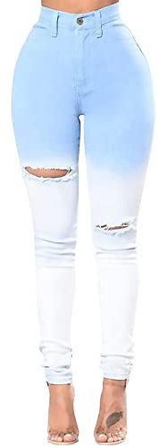 FairBeauty Damen Skinny Stretch Jeans Ausgefranster Raw Hem Slim Fit Jeans Ripped Denim Pants, Hellblau-K, S