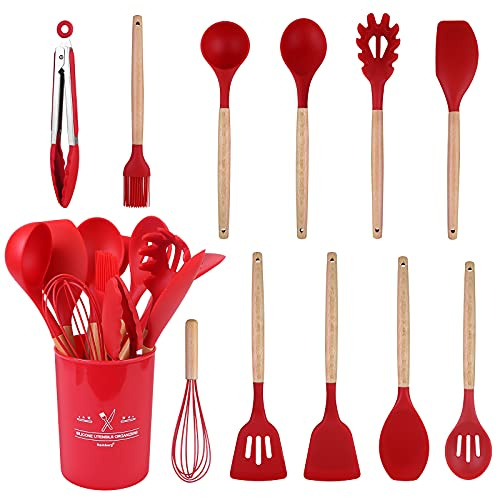 Rainberg® 12 Pcs Silicone & Natural Wooden Cooking Utensils Set for Non Stick Kitchen Sets | Kitchen Utensils Set | Spatula Set | Kitchen Gadgets | Cookware Set | Kitchen Tool Set (Red)