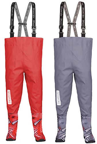 3Kamido Waders Pesca per Bambini, trampolieri per Bambini Adolescenti - Modelli Spider, Vita Regolabile, Bretelle Resistenti, Fibbia Nexus, Stivali da Pesca per Bambini Rosso 35/36 EU