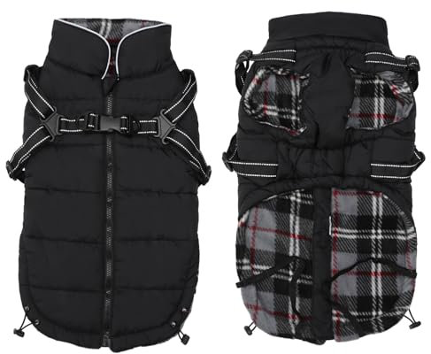 Pethiy -Super Warm Hunde wintermäntel mit Geschirr, Hundejacke mit Innenfleece, wasserdichte Kleine Hundemantel Winterweste Hundepullover mit Brust Gurt fur Haustier -Schwarz-XXL