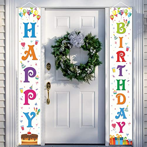 GRESATEK Geburtstagsbanner Deko, Happy Birthday Tür Banner Hintergrund für Kind, Junge und Mädchen, 2 Stück Weiß Geburtstags Party Veranda Dekorationen Stoff Banner