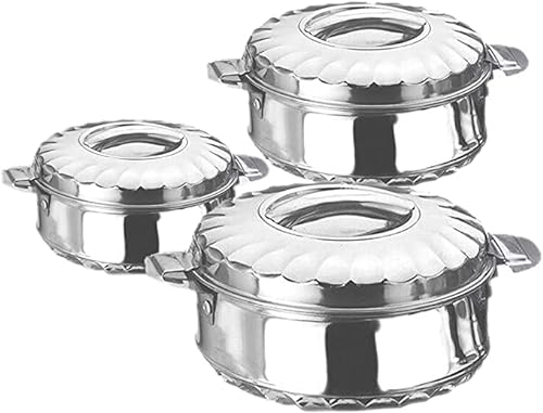 TRTO 3pc Silver Color Hot Pot Set Stainless Steel Triple Insulated Casserole Handles Serving Easy to Use and Cleans