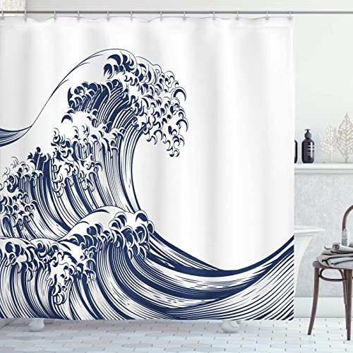 zhwe Vagues de Style Japonais Rideau Douche, Style Japonais Rideau de Bain 100% Polyester Tissu Rideau de Douche Anti Moisissure Imperméable pour Salle de Bain ou Baignoire, 8 Crochets, 120 x 200 cm