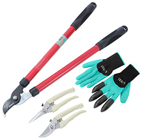 LINZI Garden Shears Set 4PCs, 520mm 20 Inch Bypass Loppers + 175mm Bypass Secateurs Scissors + 190mm Straight Blade Pruning Shears Snip + Garden Gloves as Tree and Shrub Care Kit