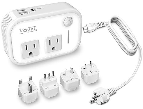 FOVAL Adaptador de Viaje de 220 V a 110 V International Downdown Power Converter para alisador/rizador de Cabello con Puerto USB-C de 18 W, convertidor de Voltaje de Salida de EE. UU. a Europa,